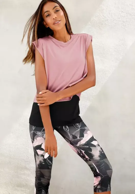 Discount LASCANA ACTIVE Caprileggings"Tropical" Khaki-Gemustert-Hellrosa