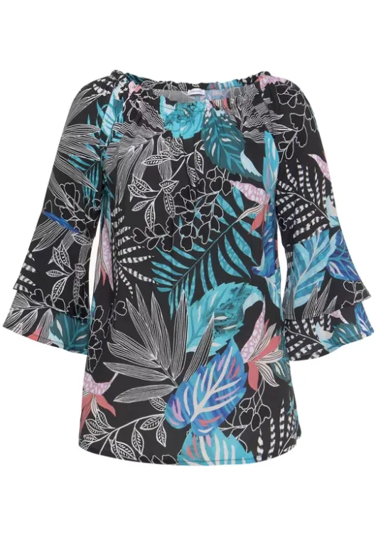 New LASCANA Carmenbluse Schwarz-Blau Bedruckt