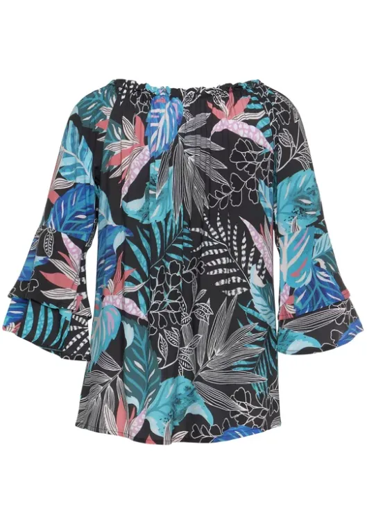 New LASCANA Carmenbluse Schwarz-Blau Bedruckt