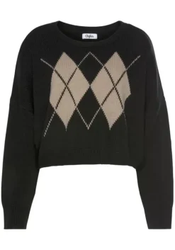Discount Buffalo Rhombenpullover Schwarz-Camelfarben