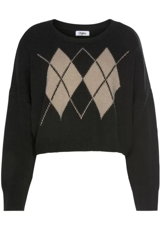 Discount Buffalo Rhombenpullover Schwarz-Camelfarben