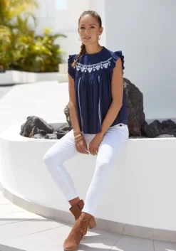 LASCANA Ruschenbluse Marine-Weis