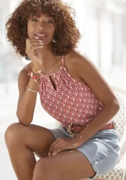 Outlet Vivance Strandtop Beige-Rot Bedruckt