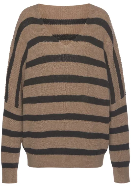 Sale Vivance Streifenpullover Camelfarben-Schwarz