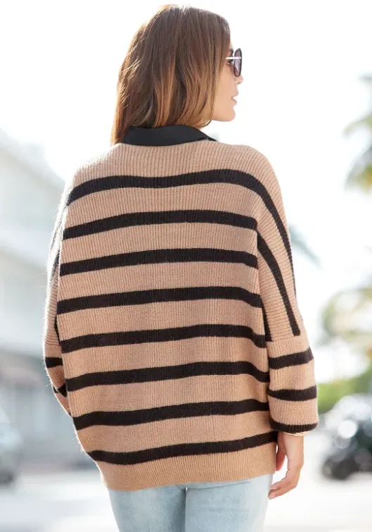 Sale Vivance Streifenpullover Camelfarben-Schwarz