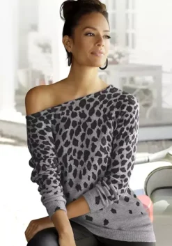 LASCANA Strickpullover Grau-Meliert-Leo